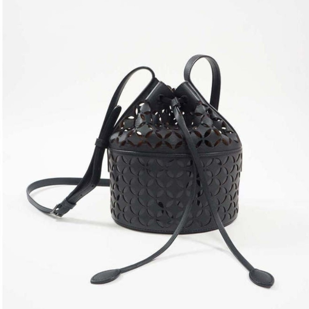 Alaia Bag Black Crossbody Leather Laser Cut Out Bucket Drawstring